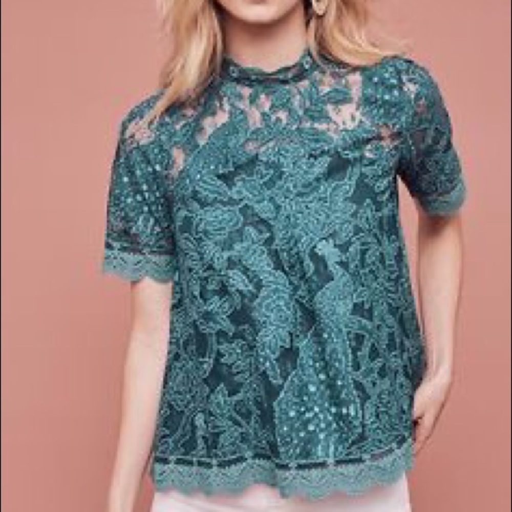 ANTHROPOLOGIE green lace short sleeve blouse